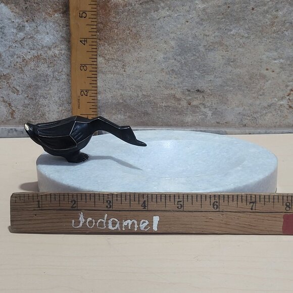 Decorative Marble Soap Dish Jewelry Holder Black Metal Bird Figure - Picture 9 of 12